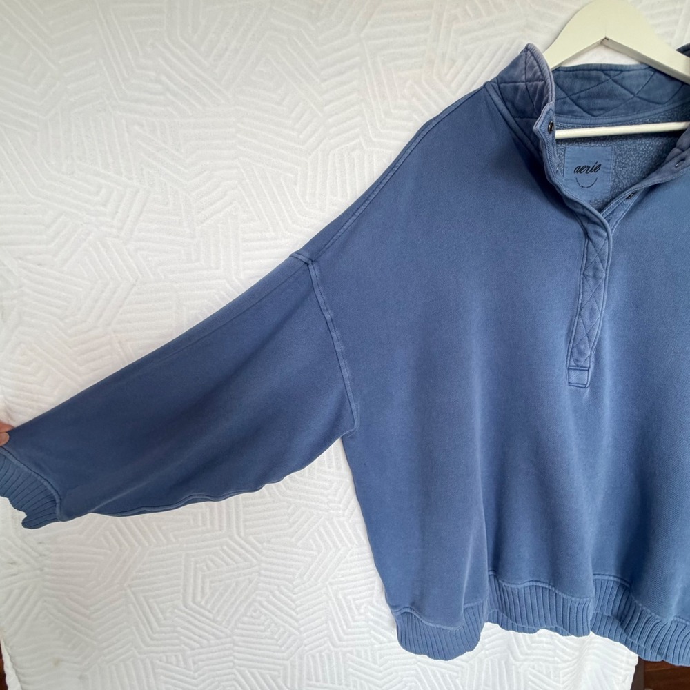 Aerie Getaway Quarter Snap Sweatshirt Oversized Washed Blue Fleece XL - Picture 4 of 7